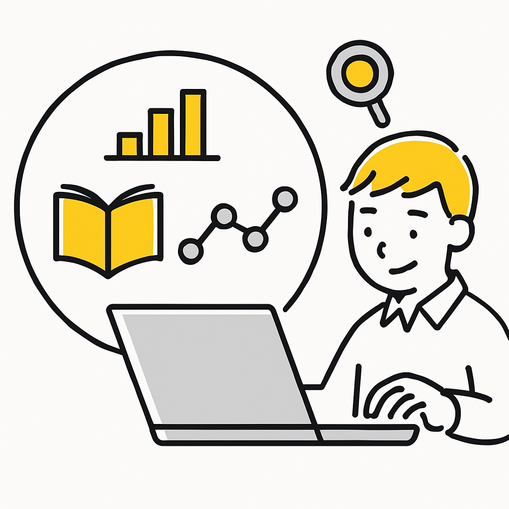 構成設計と継続的な記事作成を行う人物のイラスト