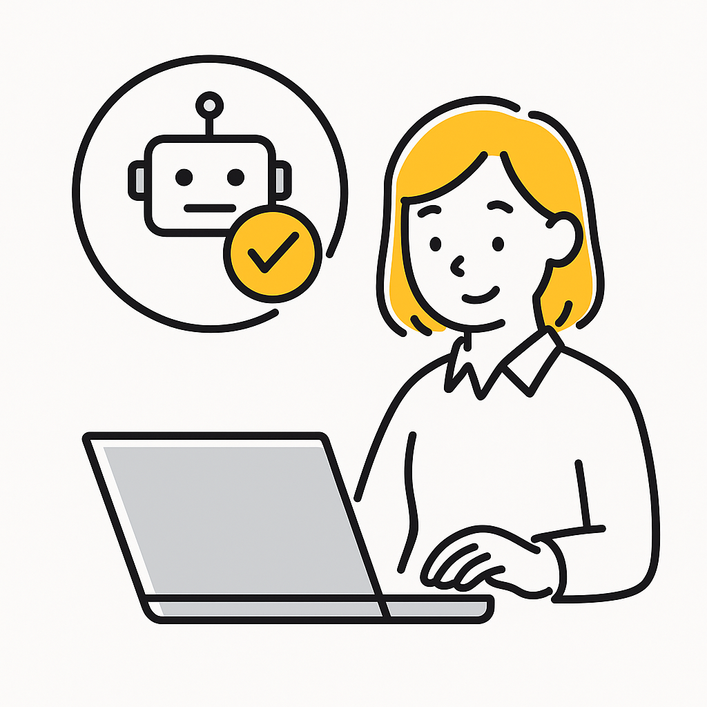 AIと人の手で記事の品質チェックをしている女性のイラスト